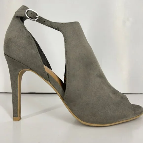 Christian Siriano Taupe / Green Faux Suede Open Toe High Heels Sz 8.5 - Picture 7 of 15
